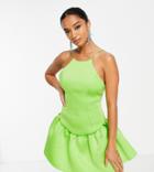 Asos Design Petite High Neck Seamed Low Back Pephem Mini Dress In Lime Green-multi