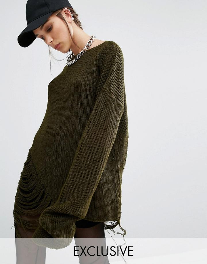 Bones Oversized Knit Sweater With Distressed Threading On Side - Green