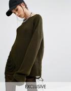 Bones Oversized Knit Sweater With Distressed Threading On Side - Green