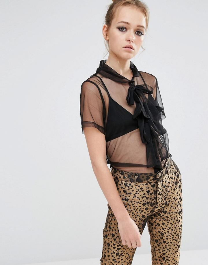 Sister Jane Sheer Shirt With Front Bow Detail - Black