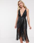 Asos Design Strappy Back Midi Dress In Pu With Fringe Hem-black