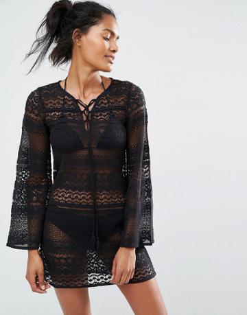 Floozie Lace Bell Sleeve Beach Dress - Black