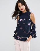 Asos Premium Cold Shoulder Top With Floral Embroidery - Navy