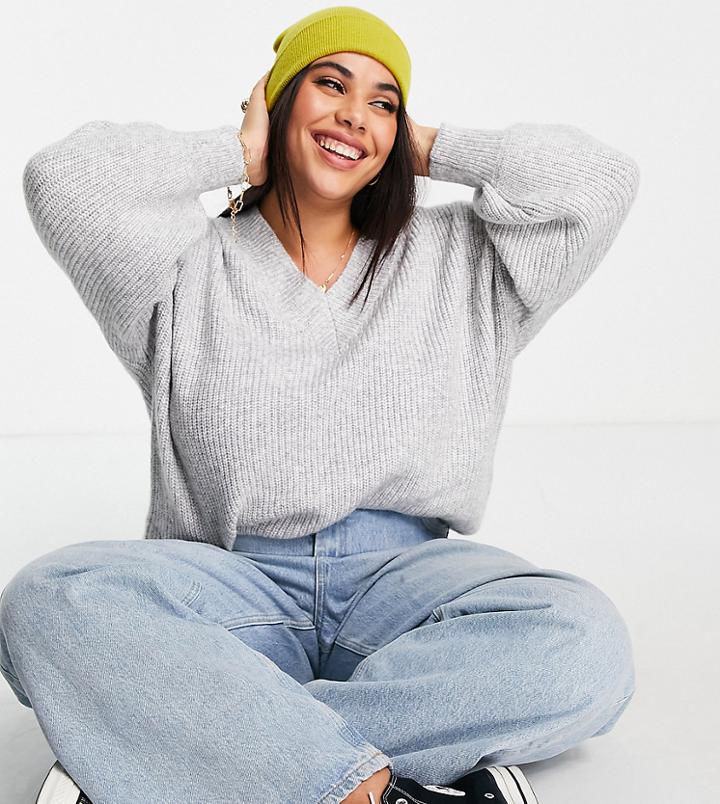 Asos Design Curve V Neck Fluffy Sweater In Gray-grey