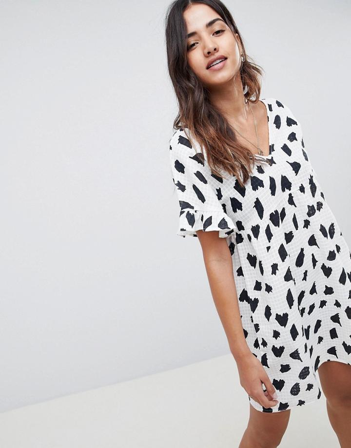 Asos Design V Front V Back Smock Mini Dress In Brush Stroke Print - Multi