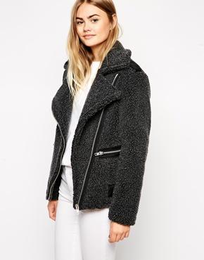 Asos Biker Jacket In Borg - Charcoal