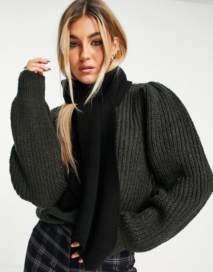 Topshop Skinny Rib Scarf With Tab In Black