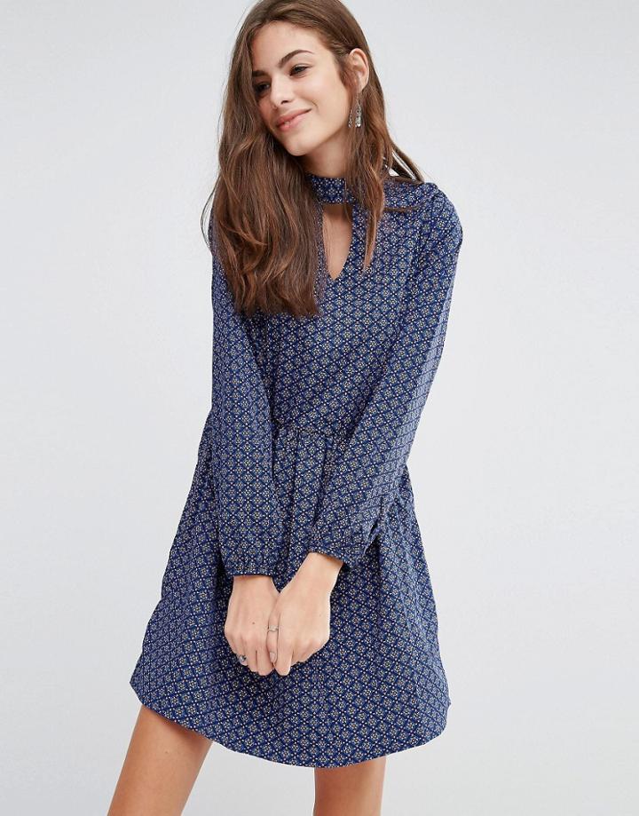 Brave Soul High Neck Print Skater Dress - Blue