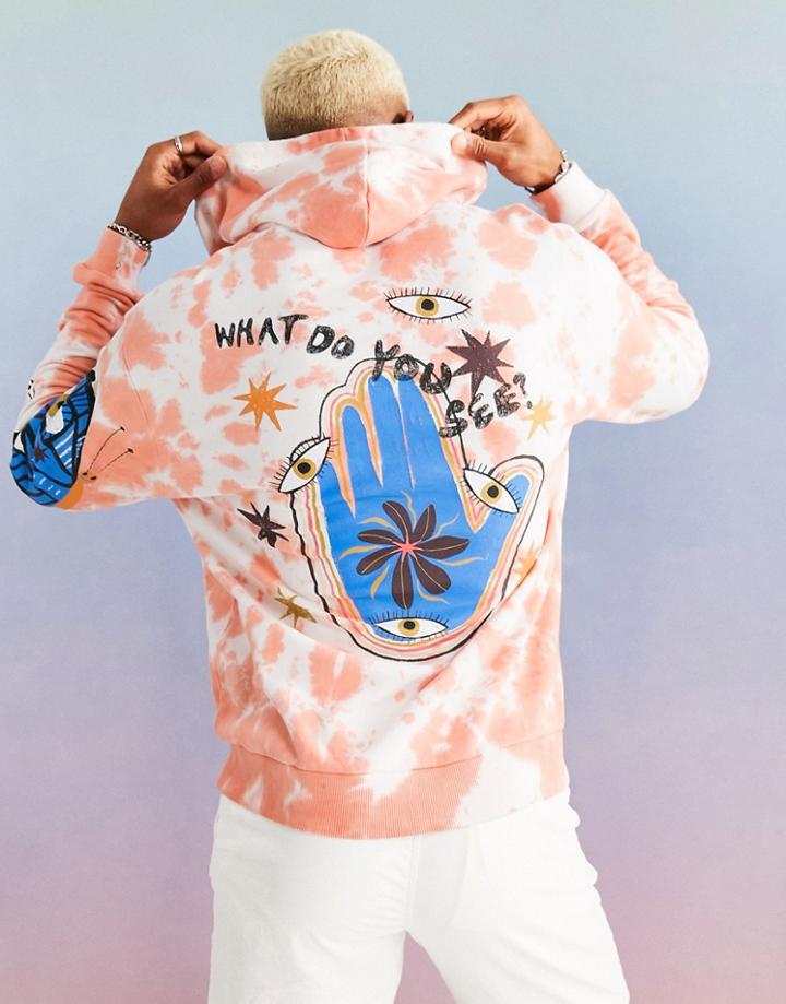 Asos Design Oversized Hoodie In Orange Tie Dye With Cartoon Sketch Print-multi