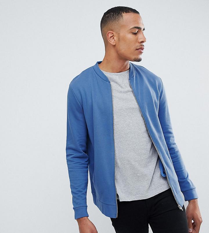 Asos Design Tall Jersey Bomber Jacket In Blue - Blue