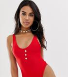 Boohoo Ribbed High Leg Swimsuit In Red - Red