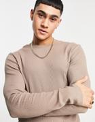 Asos Design Muscle Fit Long Sleeve Waffle T-shirt In Brown