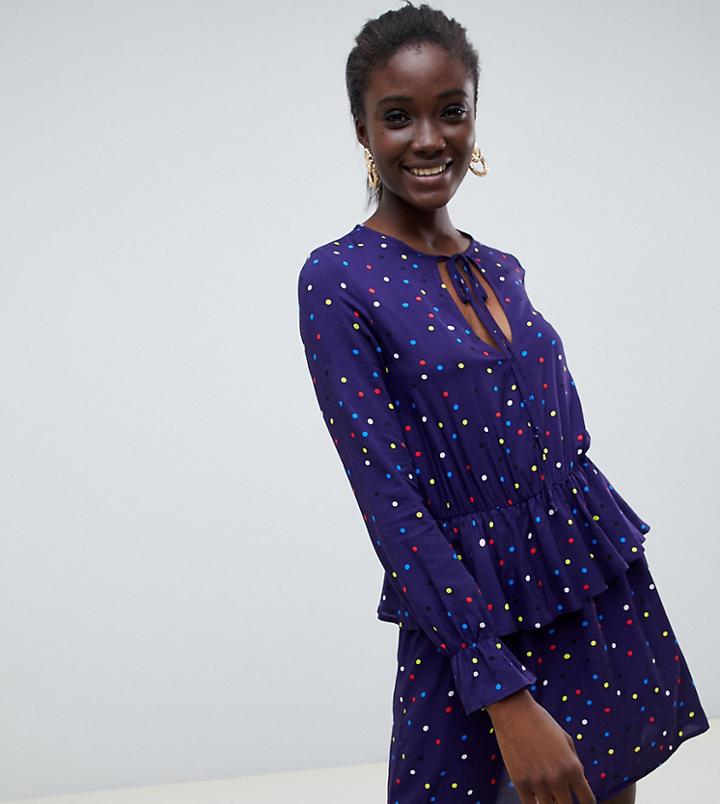 Reclaimed Vintage Inspired Ruffle Neck Dress In Polka Dot-multi