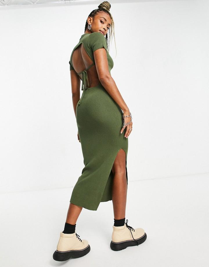 Emory Park 90's Midi Polo Neck Dress With Cut Out Back In Rib Knit-green