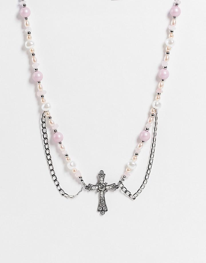Asos Design Necklace With Faux Pearl With Cross And Chains In Silver Tone