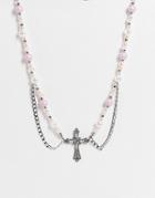 Asos Design Necklace With Faux Pearl With Cross And Chains In Silver Tone