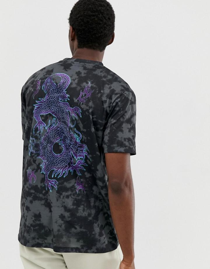 Asos Design Relaxed T-shirt With Tie Dye Effect And Back Dragon Print-black