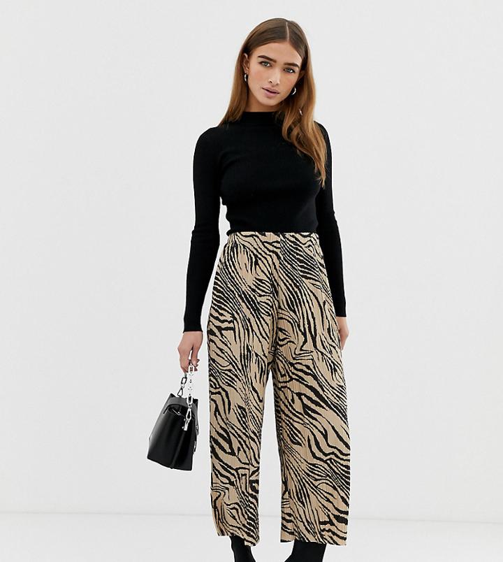 Asos Design Petite Plisse Culotte In Zebra Print-multi