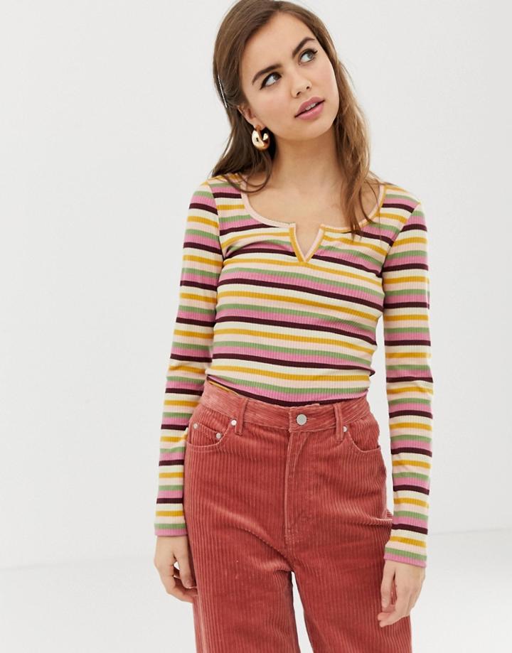 Asos Design Crop Top With Notch Front In Bright Stripe Rib - Multi