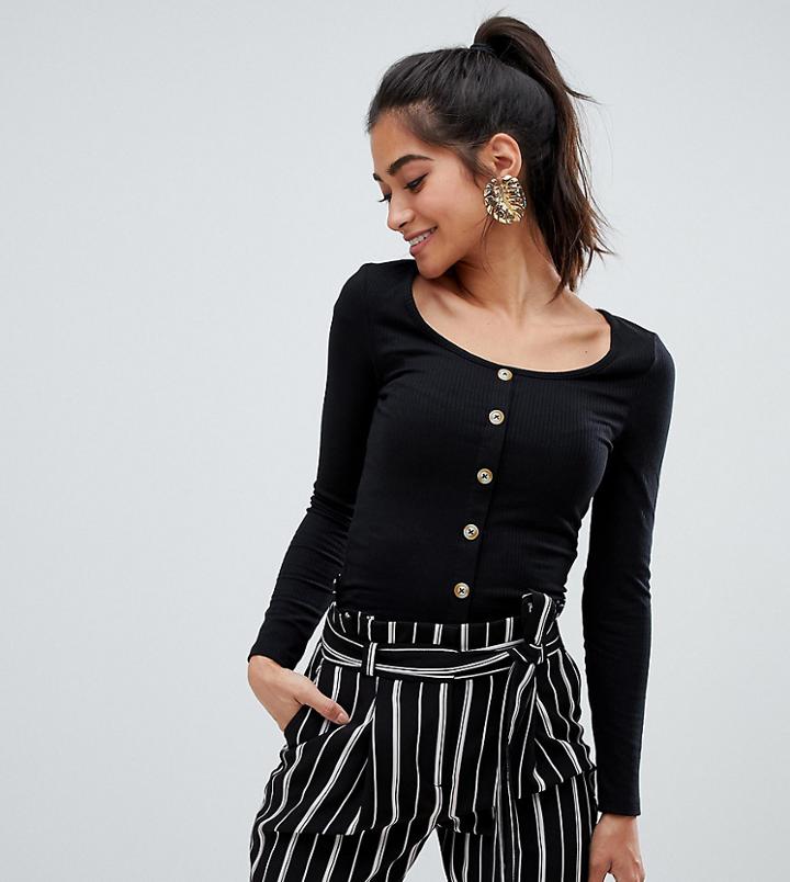 New Look Petite Button Through Top In Black - Cream