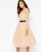 Rare London Sheer Lace Tutu Dress With Contrast Waistband And Tulle Skirt - Pink