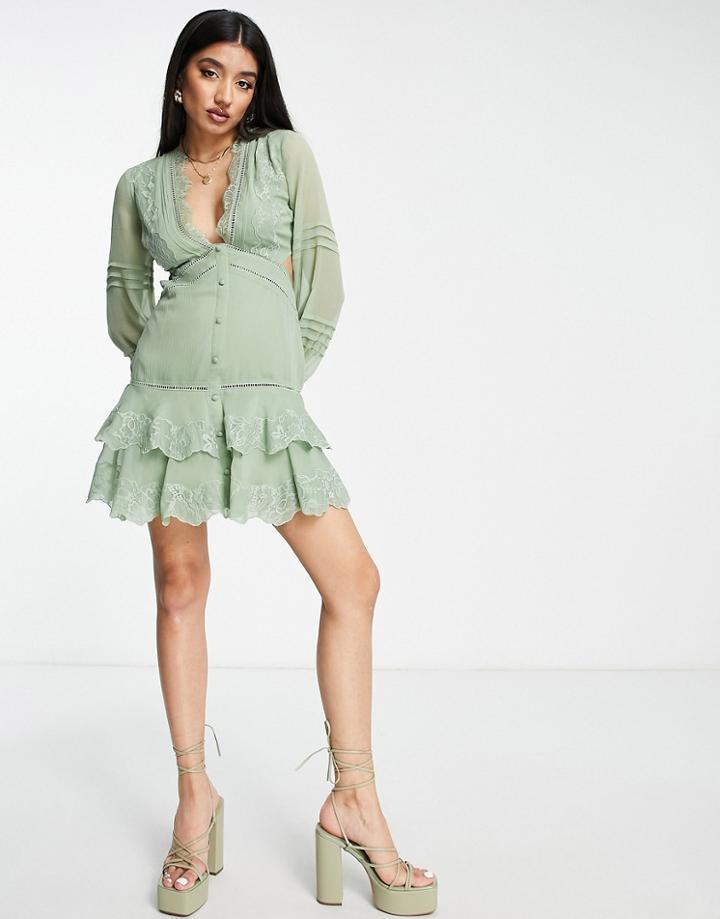 Asos Design Chiffon Tiered Mini Dress With Lace Applique In Olive-green