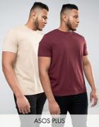 Asos Plus 2 Pack T-shirt In Beige/pink With Crew Neck Save - Multi