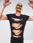 Asos Halloween Longline T-shirt With Extreme Slashing In Black - Black