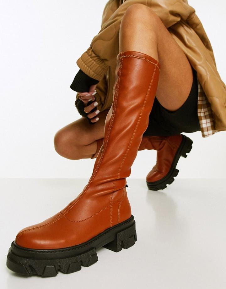 Topshop Tate Knee High Chunky Boot In Tan-brown