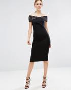 Asos Cross Front Lace Bardot Midi Bodycon Dress - Black