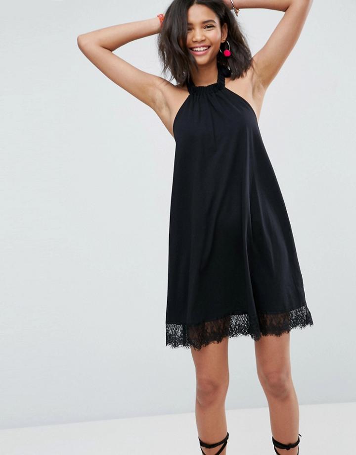 Asos Halter Neck Swing Sundress With Lace Trim - Black