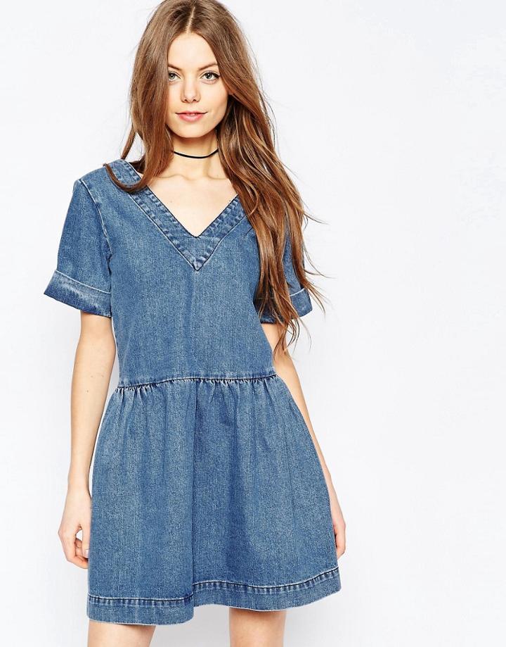 Asos Denim Smock Dress In Mid-wash Blue - Blue