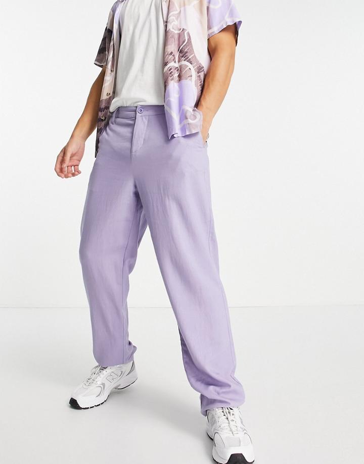 Asos Design Linen Mix Baggy Pants In Purple
