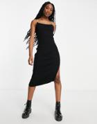 Miss Selfridge Diamonte Trim Strap Ribbed Knit Midi Dress In Black