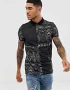 Asos Design Polo With Paisley Print Panels-black