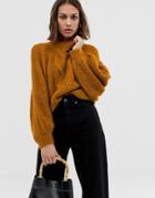 Asos Design Cable Sweater In Lofty Yarn With Volume Sleeve - Brown