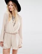 Honey Punch Wrap Front Drapey Playsuit With Frill Hem - Nude