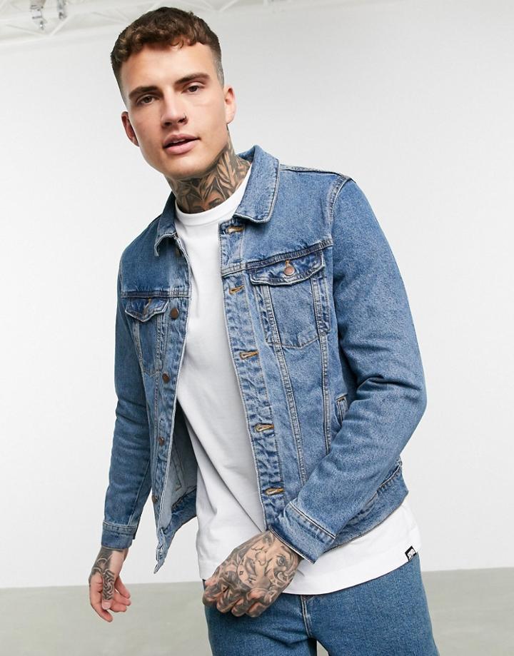 Pull & Bear Denim Jacket In Mid Blue