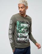 Hype Long Sleeve Tee With Floral Statement And Sleeve Print - Green