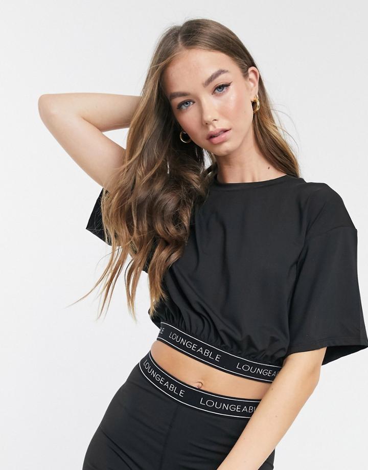 Loungeable Baggy Lounge Top With Short Sleeve And Logo Elastic Detail In Black