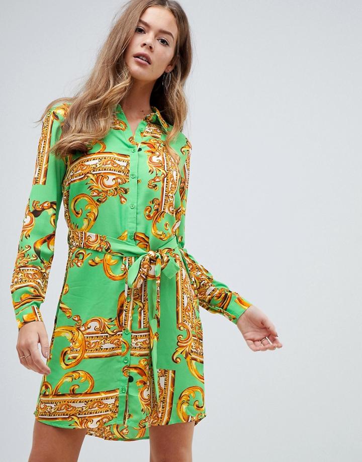 Ax Paris Printed Shirt Dress - Green