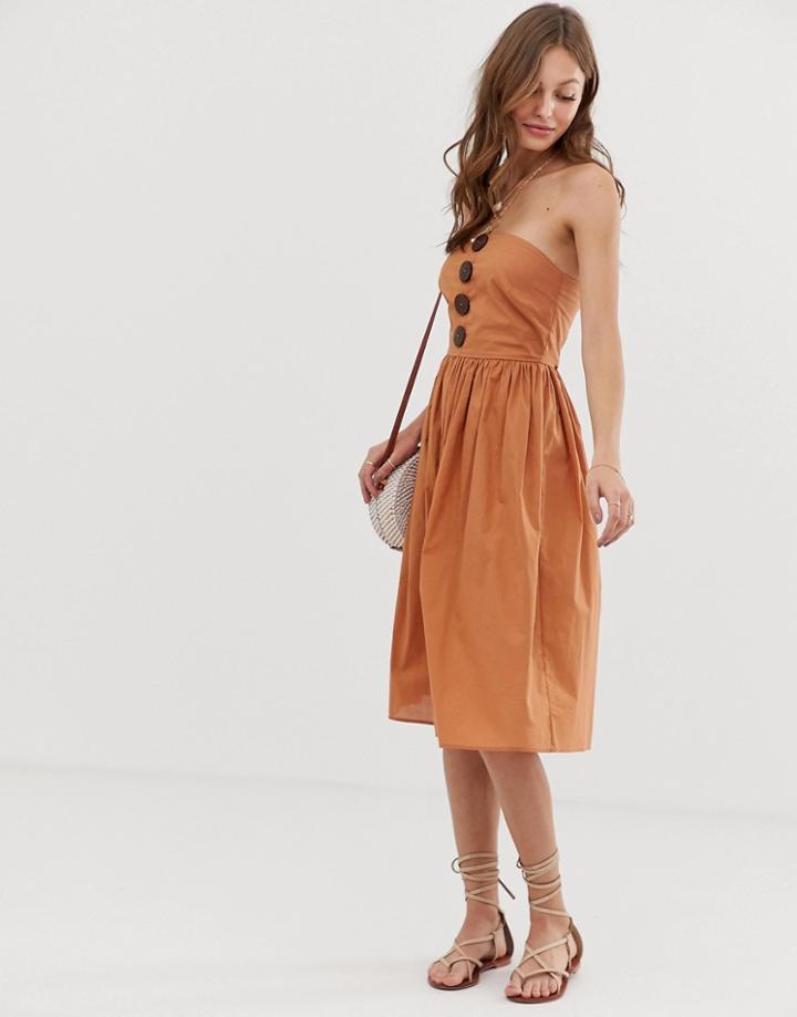 Asos Design Bandeau Midi Sundress With Coconut Buttons - Brown