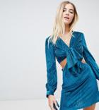 Ebonie N Ivory Velvet Balloon Sleeved Mini Dress With Cut Out Detail - Blue