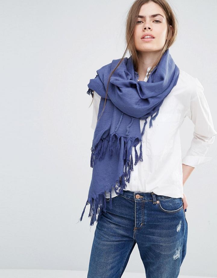 Becksondergaard Oversized Scarf With Tassels In Navy Blue - Navy