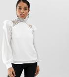 Fashion Union Petite High Neck Long Sleeve Top With Lace Detail-white