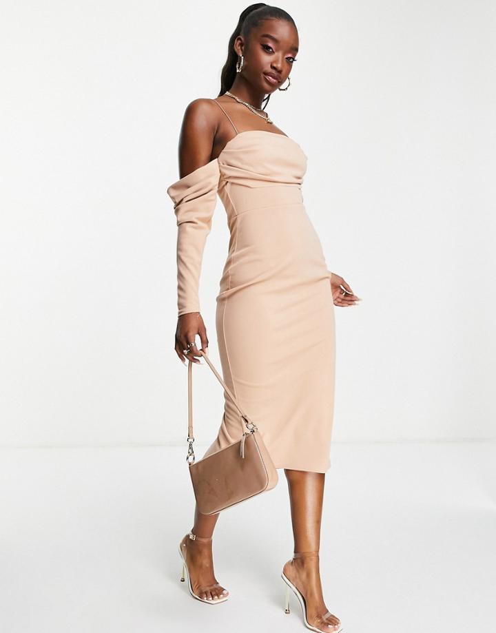 Asos Design Bardot Drape Pencil Midi Dress In Mink-neutral
