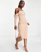 Asos Design Bardot Drape Pencil Midi Dress In Mink-neutral