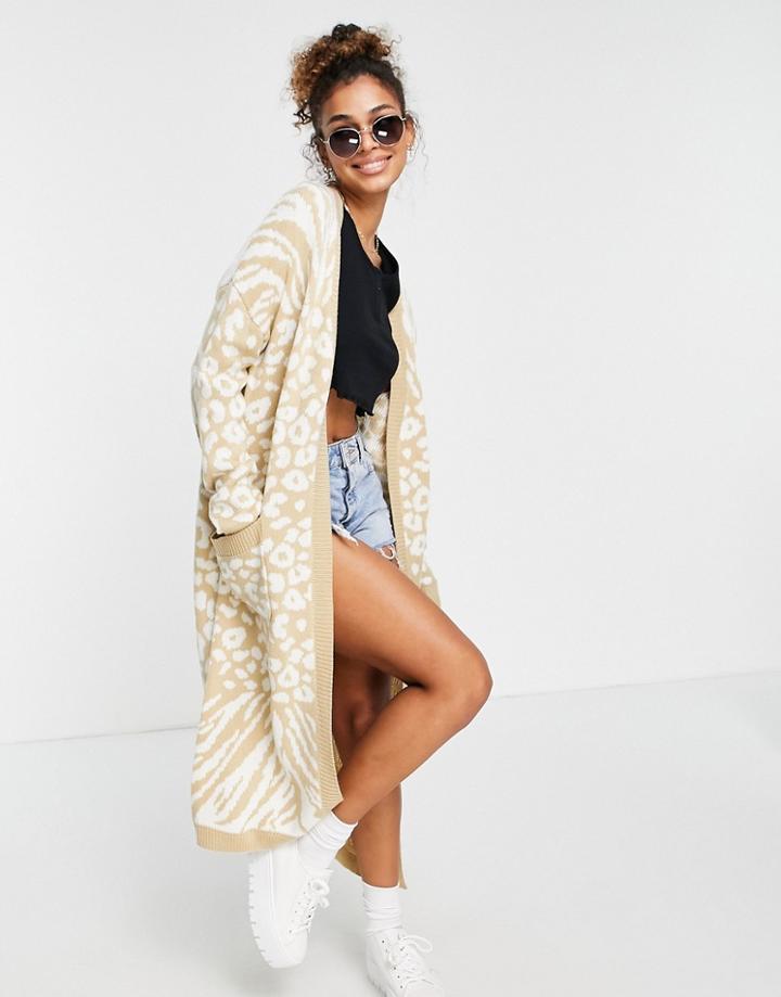 Liquorish Maxi Cardigan In Beige Animal Print-neutral