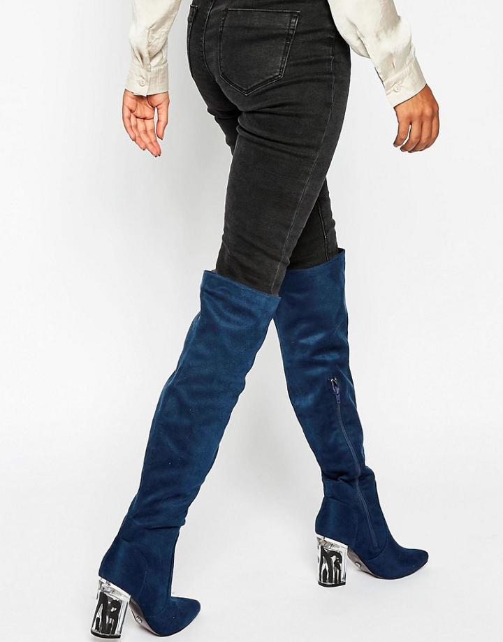 Daisy Street Detailed Heeled Over The Knee Boots - Navy