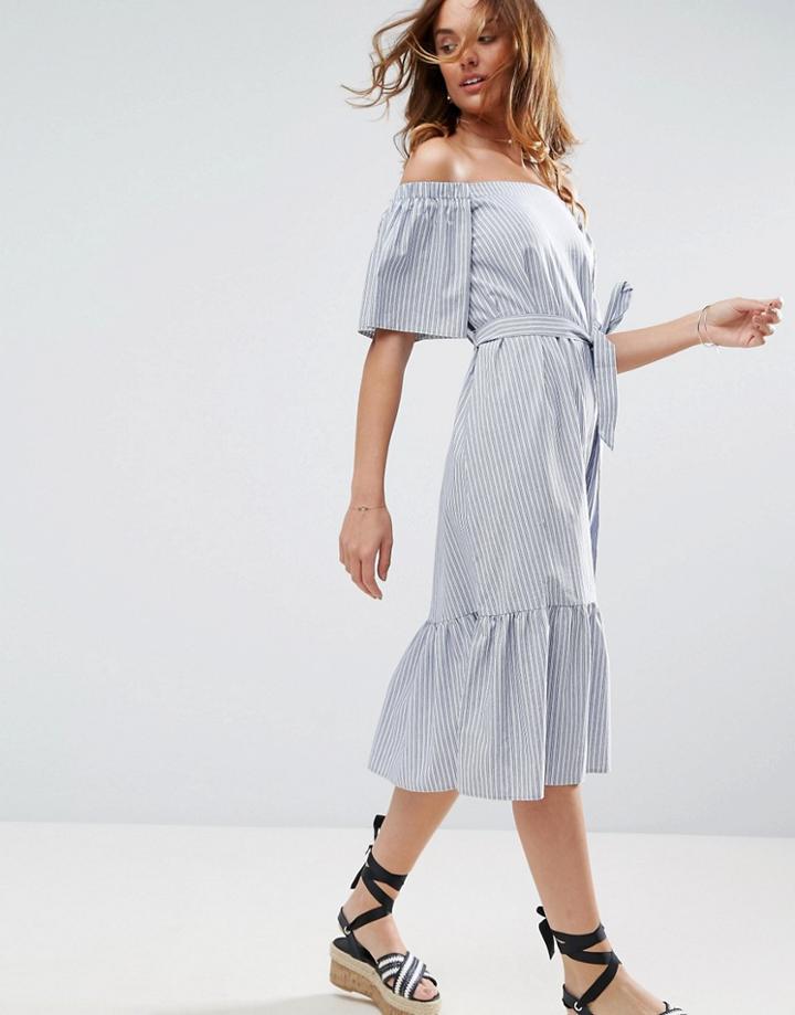 Asos Off Shoulder Cotton Midi Dress In Stripe - Multi